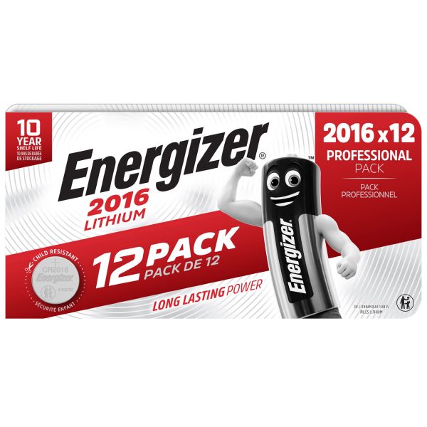 Energizer CR2016 Coin Battery, 3V, 8mm Diameter, 12 Pack