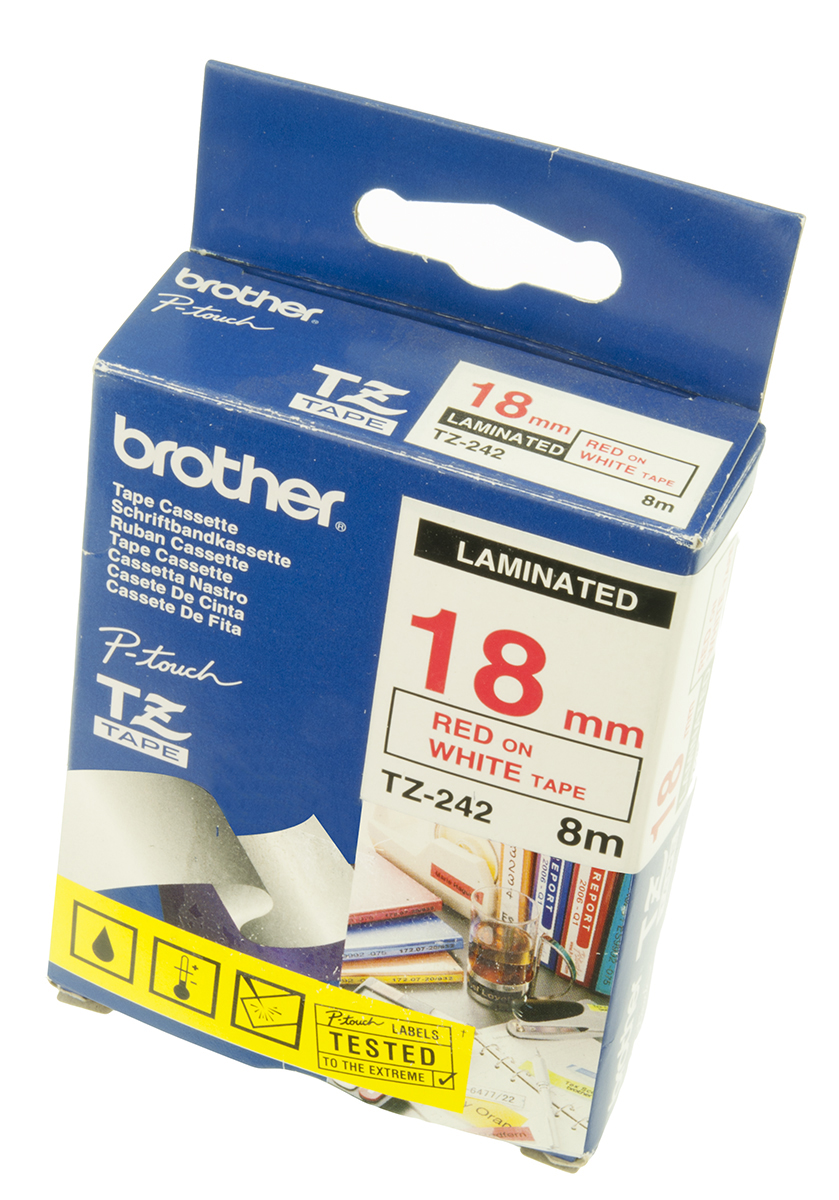 Brother Red on White Label Printer Tape, 8 m Length, 18 mm Width