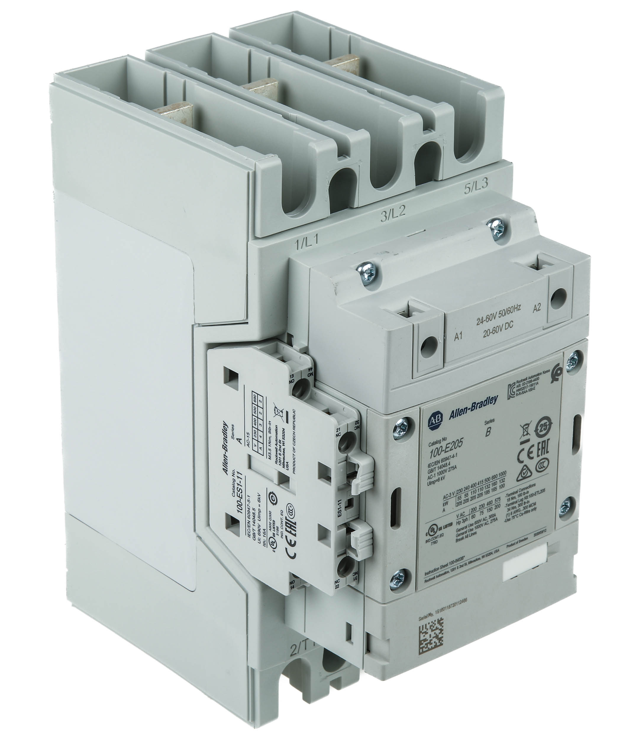 Allen Bradley 100-E Contactor, 24/60 V dc Coil, 3-Pole, 205 A, 110 kW 250 V, 1 NO/1 NC, 400V