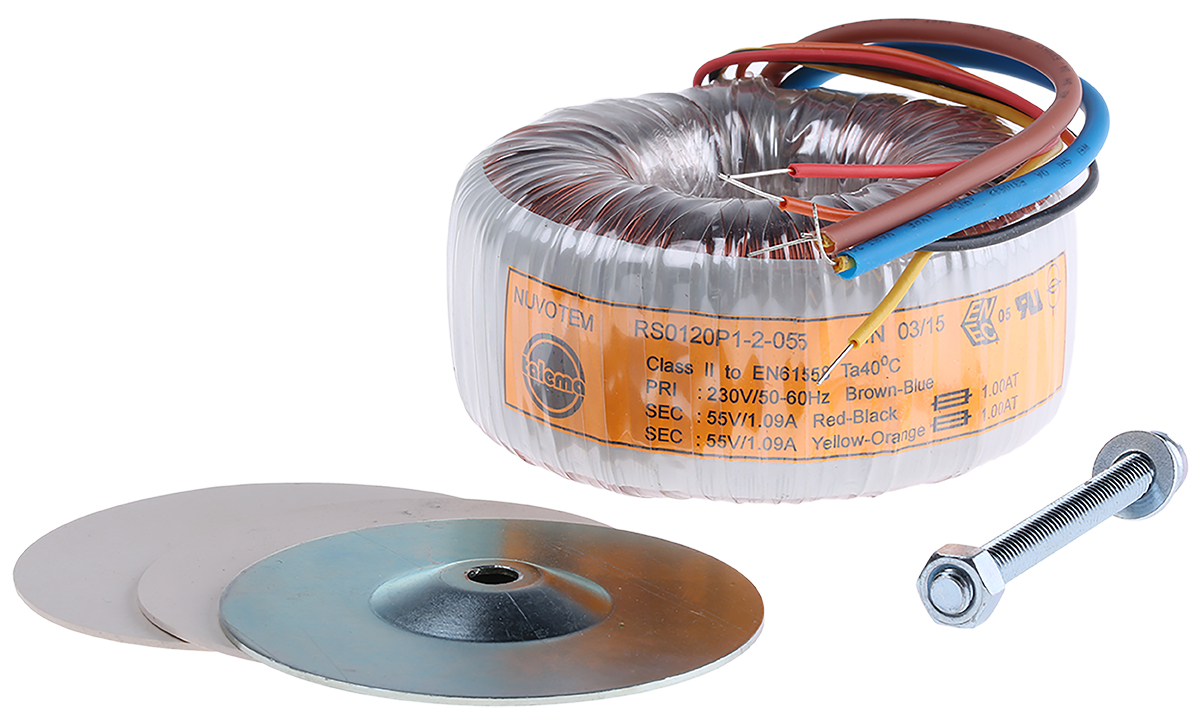 Nuvotem Talema 230V ac, 2 x 55V ac Toroidal Transformer, 120VA 2 Output