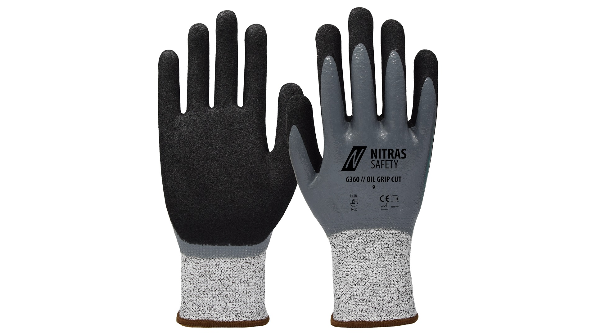 NITRAS SAFETY 6360/OIL GRIP CUT Black, Grey Yarn Yarn Work Gloves, Size 11, Nitrile Coating