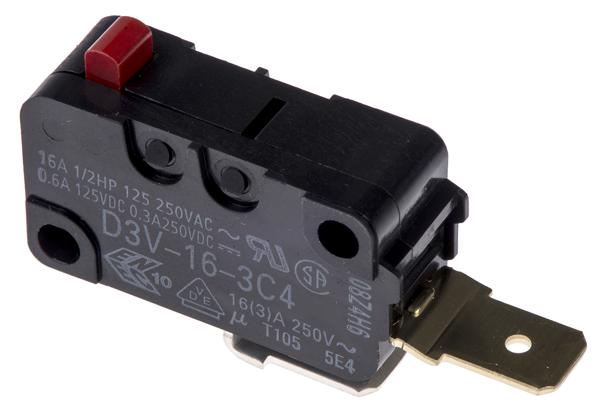 Omron Pin Plunger Micro Switch, Tab Terminal, 16 A @ 250 V ac, SPST, IP40
