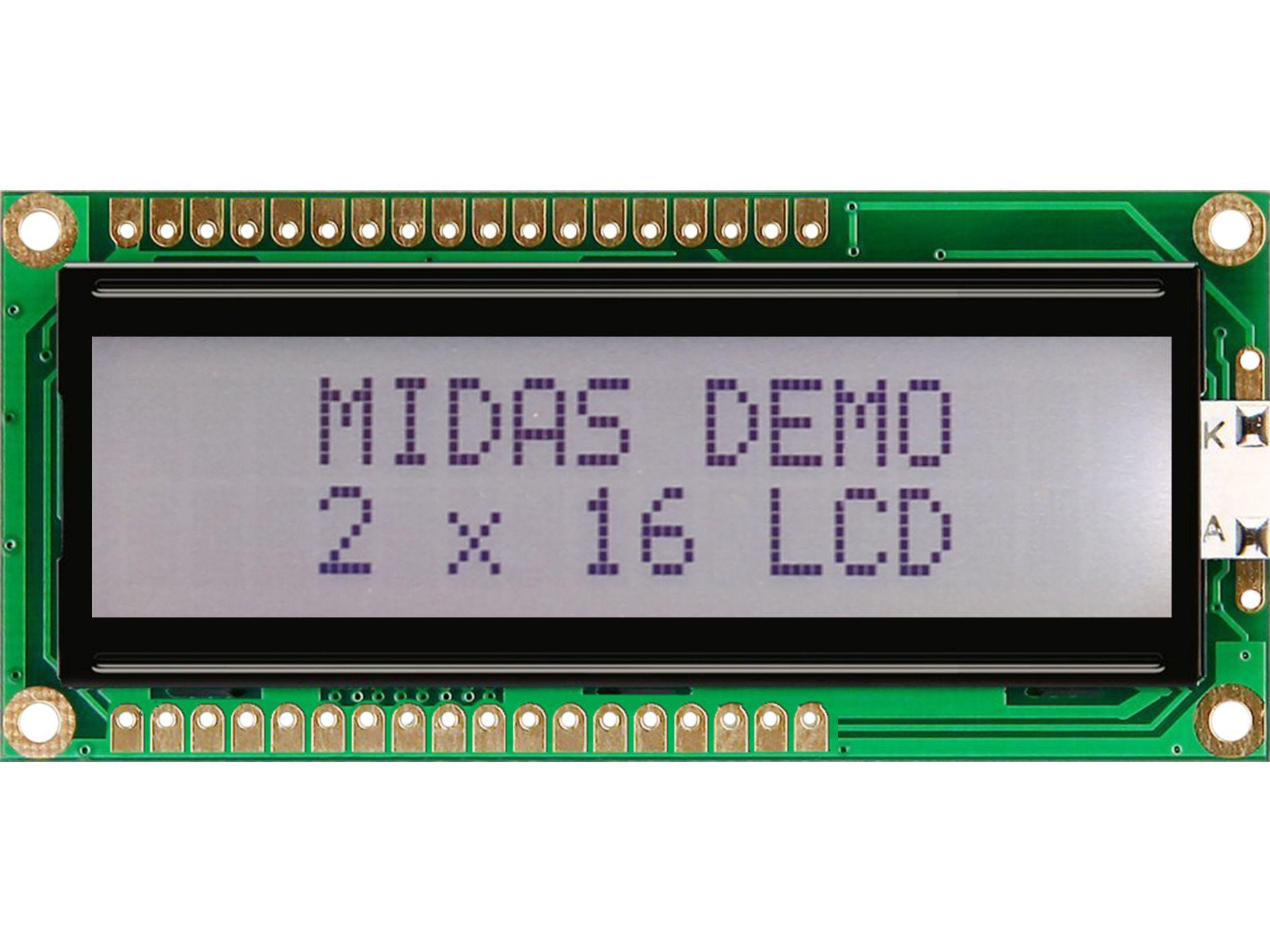 Midas MC21605G6W-FPTLW3.3-V2 Alphanumeric LCD Display, 2 Rows by 16 Characters