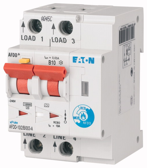 Eaton AFDD, 10A Current Rating, 2P Poles, 30mA Trip Sensitivity, Type B, AFDD+ Range