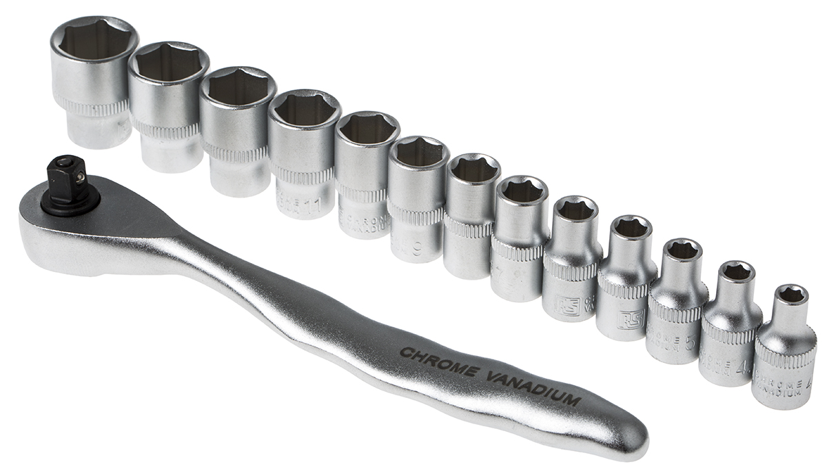 RS PRO 14-Piece Metric 1/4 in Standard Socket Set with Ratchet, 6 point