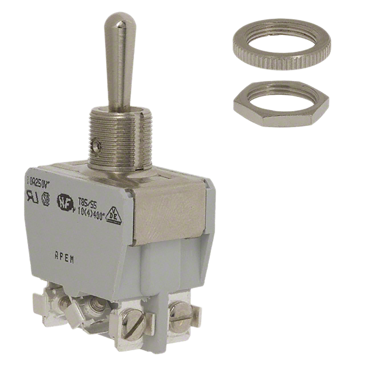 APEM Toggle Switch, Panel Mount, On-(On), DPDT, Screw Terminal, 400V ac