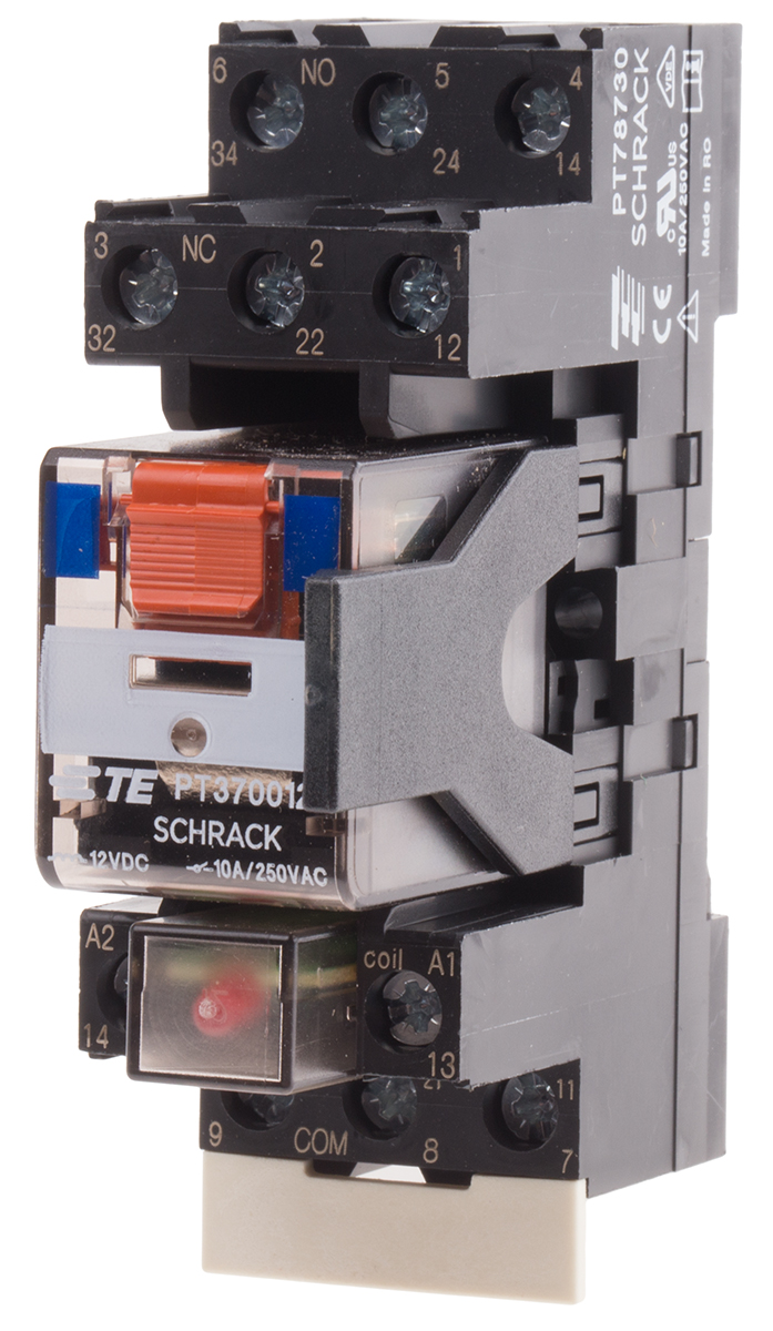 TE Connectivity DIN Rail Power Relay, 12V dc Coil, 10A Switching Current, 3PDT