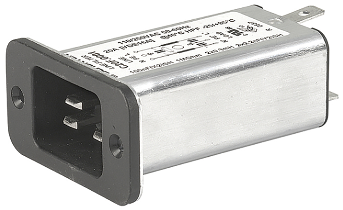 Schurter 16 (IEC) A, 20 (UL / CSA) A, 250 V ac Male Screw Filtered IEC Connector C20F.0101, Quick Connect None Fuse