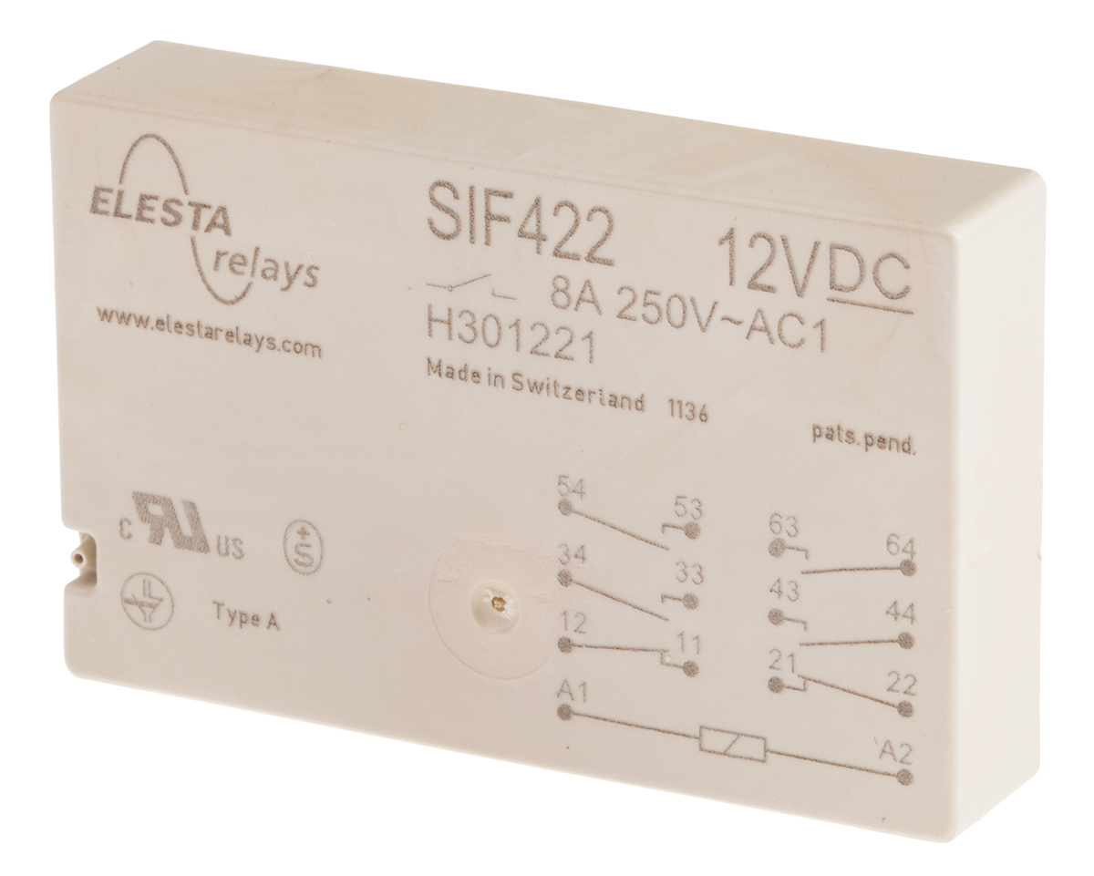 Elesta PCB Mount Force Guided Relay, 12V dc Coil Voltage, 4PST, DPST