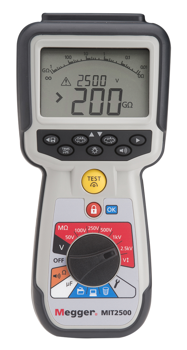 Megger MIT2500 Insulation Tester, 50V Min, 2500V Max, 200GΩ Max, CAT IV