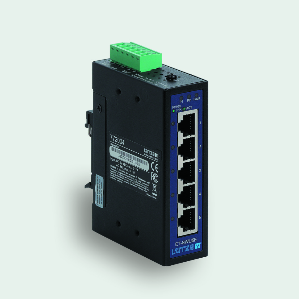 F Lutze Ltd DIN Rail Mount Industrial Ethernet Switch, 5 RJ45 Ports, 10/100Mbit/s Transmission, 12 → 48V dc
