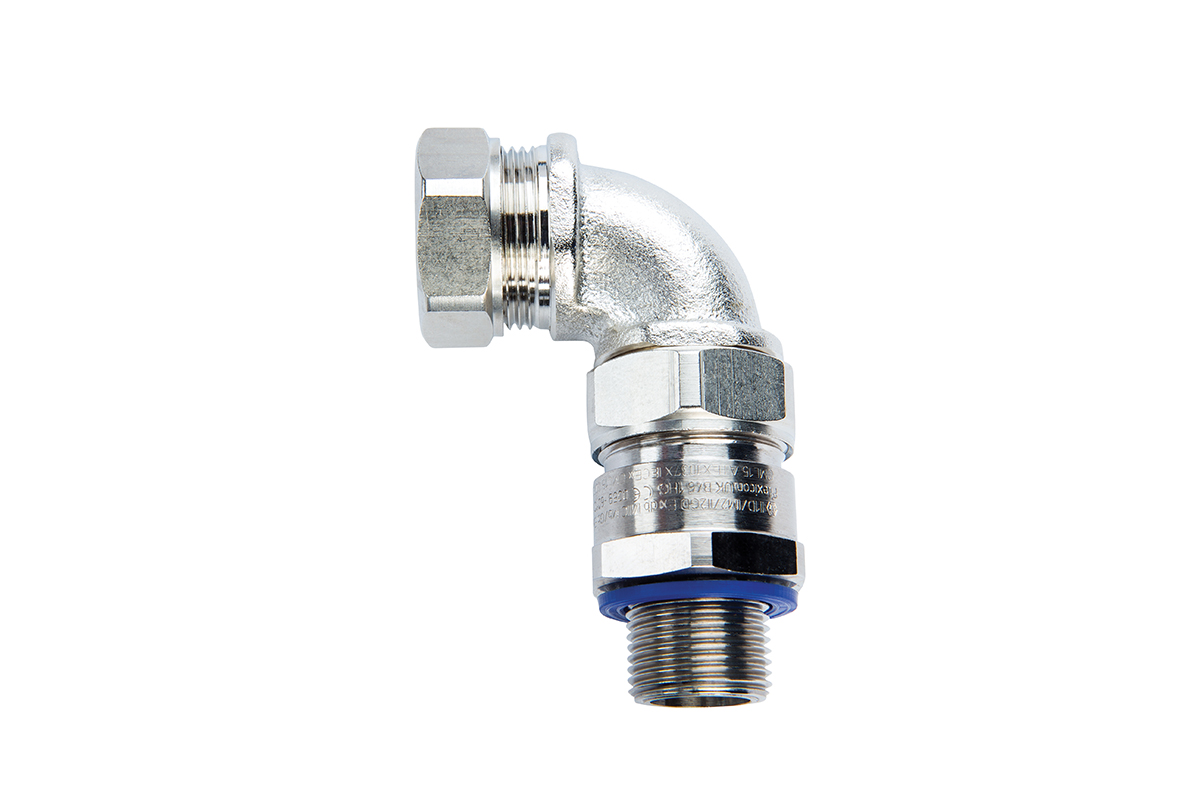 Flexicon 90° Elbow, Conduit Fitting, 20mm Nominal Size, M20, Brass, Silver IP66, IP67, IP68 rating