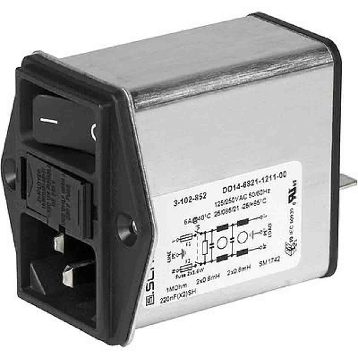 Schurter 6A, 250 V ac Screw Mount Filtered IEC Connector 3-102-852