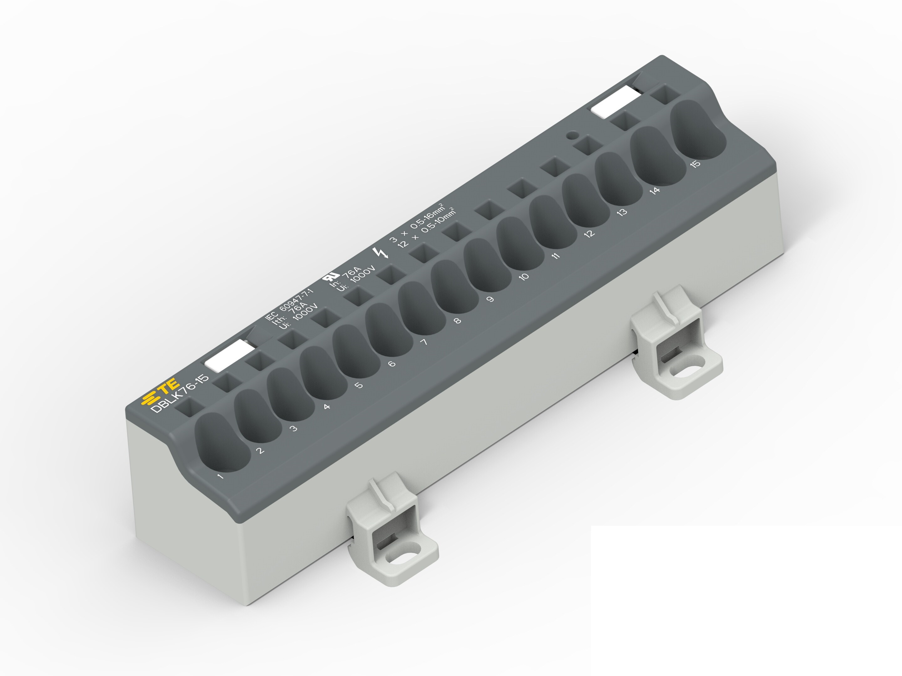Distribution Block, 15 Way, 1.5 → 25mm², 85A, 1 kV, Black, Grey