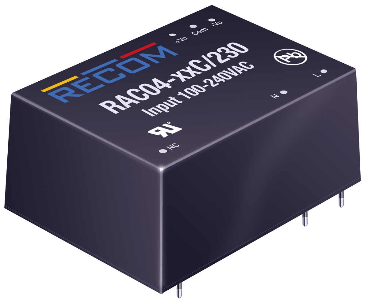 Recom Switching Power Supply, RAC04-12SC/230, 12V dc, 333mA, 4W, 1 Output, 80 → 264V ac Input Voltage