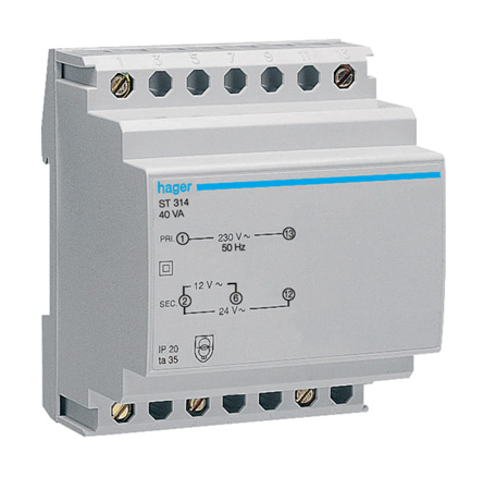 Hager Single Phase 40VA Site Transformer, 230V Primary, 12 V, 14 V, 24 V, 27 V Secondary, 1.67 A @ 24 V, 3.33 A @ 12 V