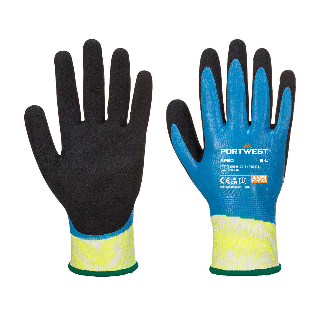 Portwest Aqua Gloves Black, Blue Elastane, HPPE, Nylon, Polyester Glove, Size XL, Nitrile Foam Coating