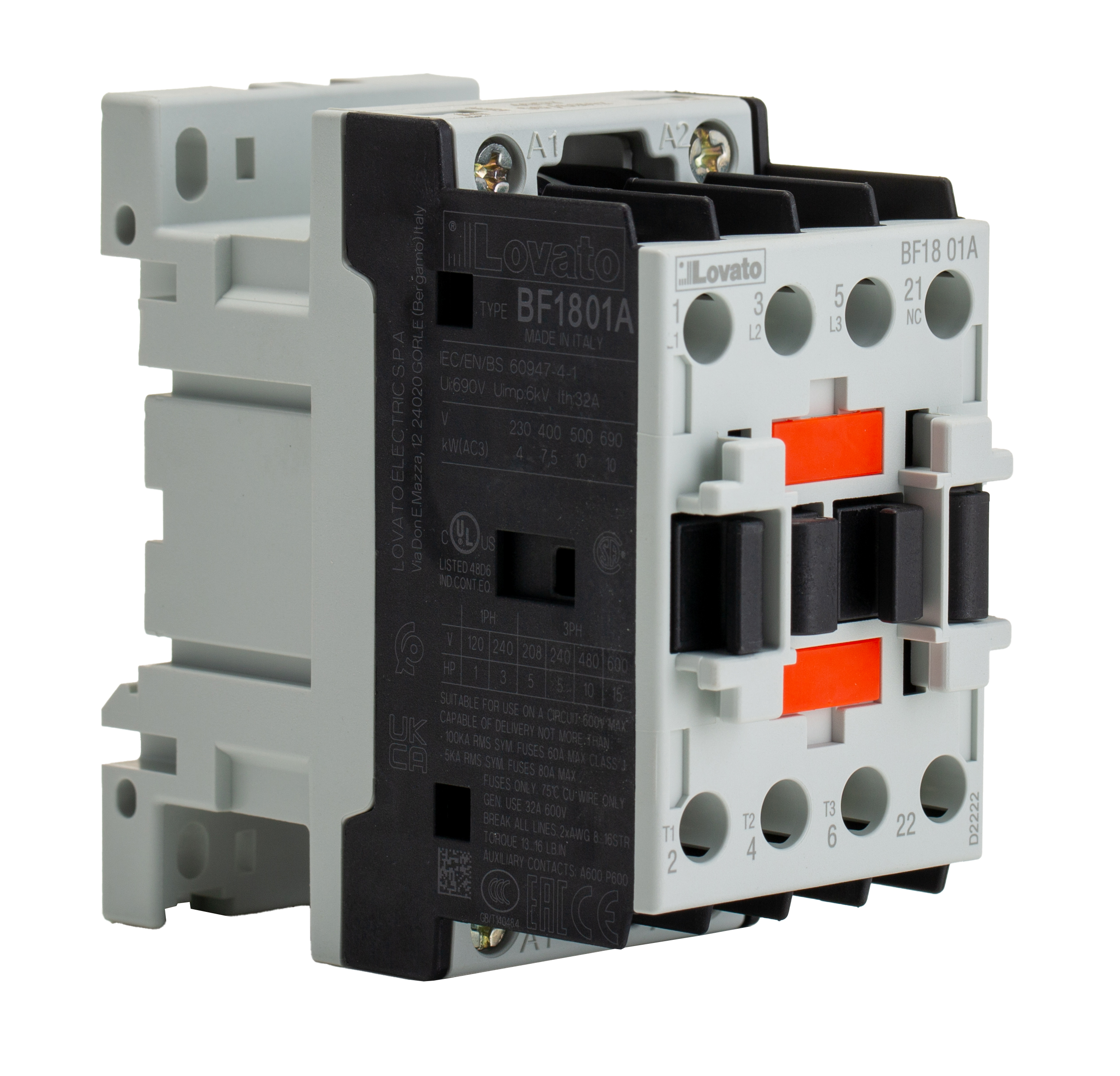 Lovato BF18 Contactor, 400 V Coil, 3-Pole, 18 A, 10 kW 24 V, 1 NC, 400V