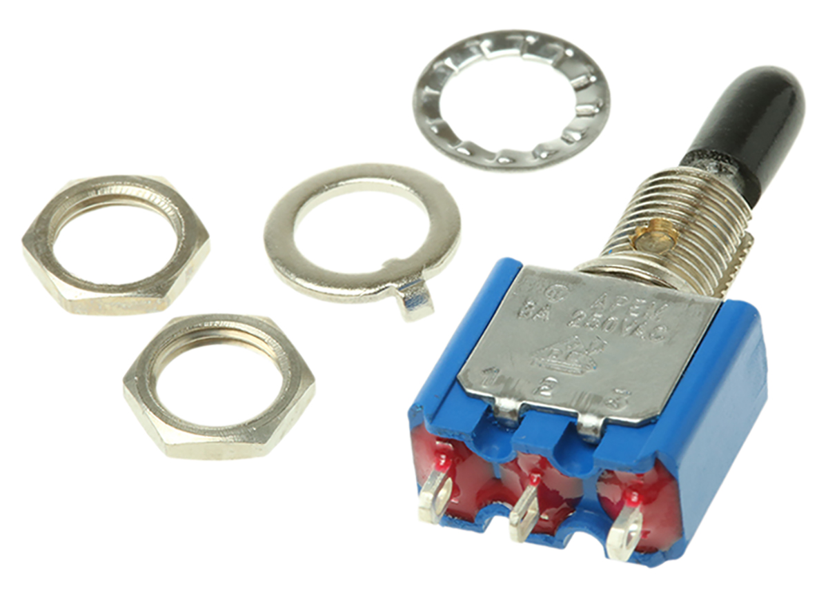 APEM Toggle Switch, Panel Mount, On-Off-On, SPDT, Solder Terminal