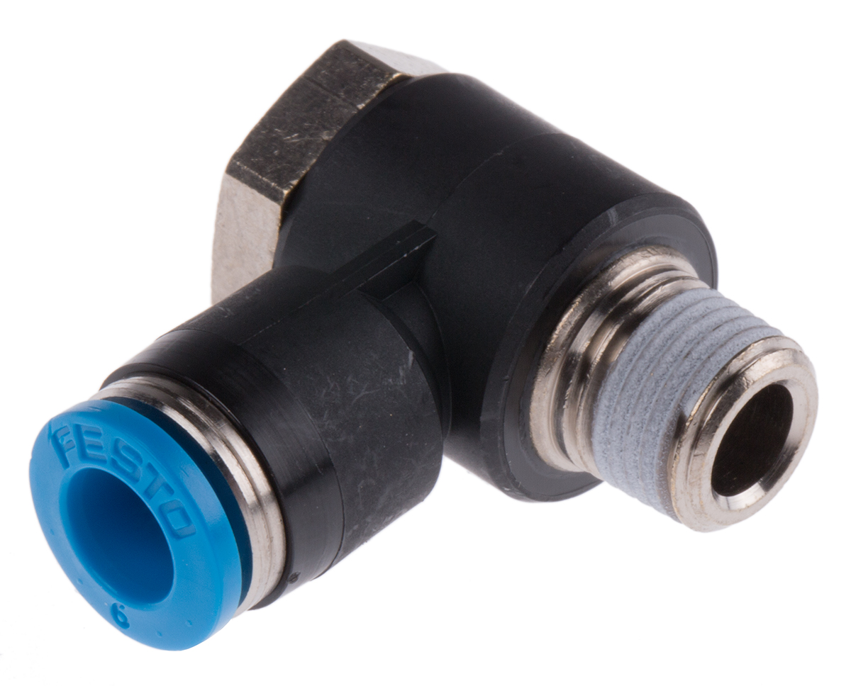 Festo QS Series Elbow Threaded Adaptor, R 1/8 Male to Push In 6 mm, Threaded-to-Tube Connection Style, 153087