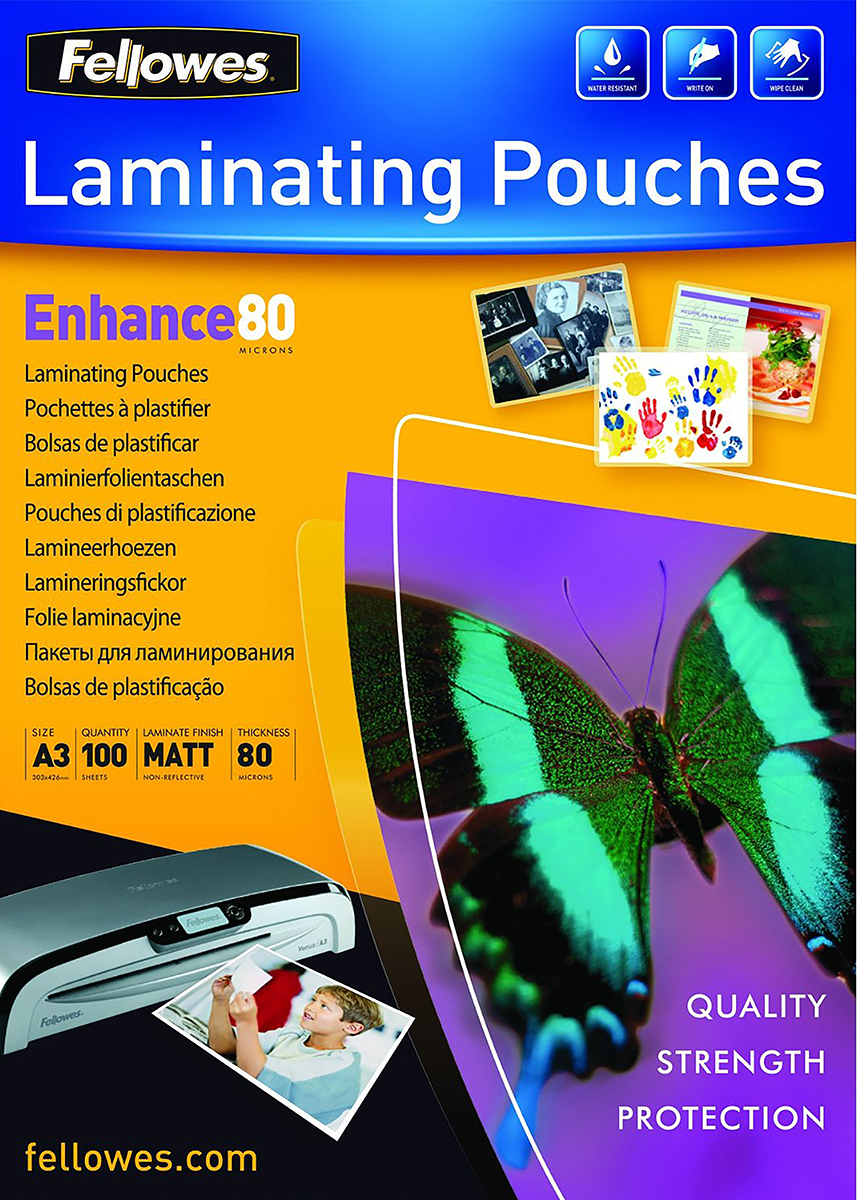 Fellowes A3  Laminator Pouches 80micron Thickness, 100 Pack Quantity