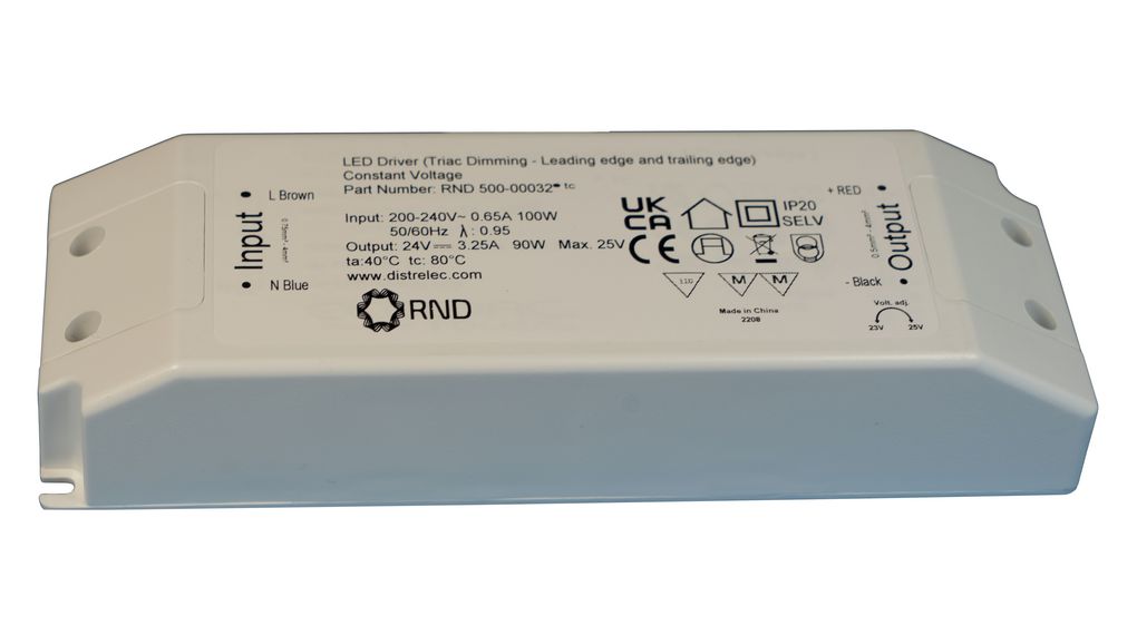 RND LED Driver, 24V Output, 90W Output, 3.75A Output, Constant Voltage Dimmable