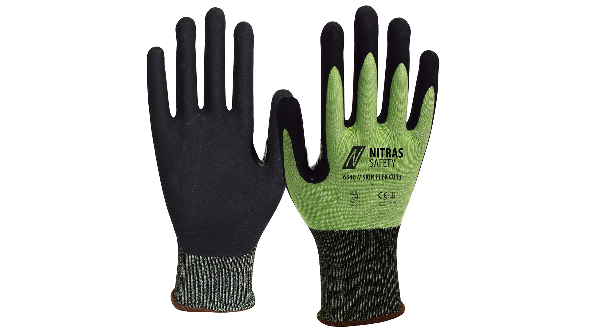 NITRAS SAFETY 6340/SKIN FLEX CUT3 Black, Green Yarn Yarn Glove, Size 8