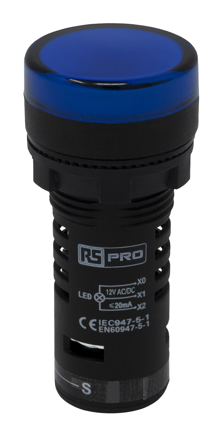 RS PRO, Panel Mount Blue LED Pilot Light, 22mm Cutout, IP65, Round, 12V ac/dc