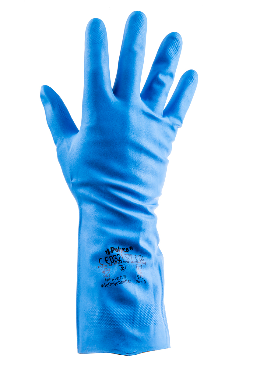 Polyco Healthline Blue Nitrile Work Gloves, Size 8, Nitrile Coating