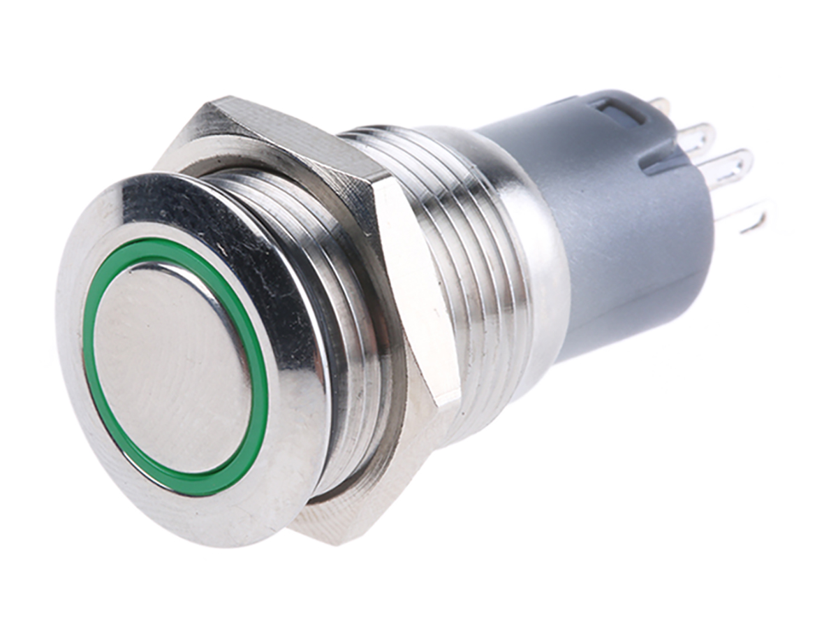 RS PRO Illuminated Push Button Switch, Momentary, Panel Mount, 16mm Cutout, SPDT, Green LED, 250V ac, IP65, IP67