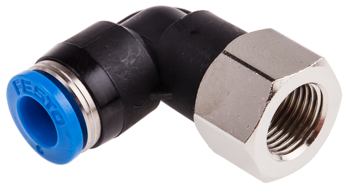 Festo QS Series Elbow Threaded Adaptor, G 1/8 Female to Push In 6 mm, Threaded-to-Tube Connection Style, 153274