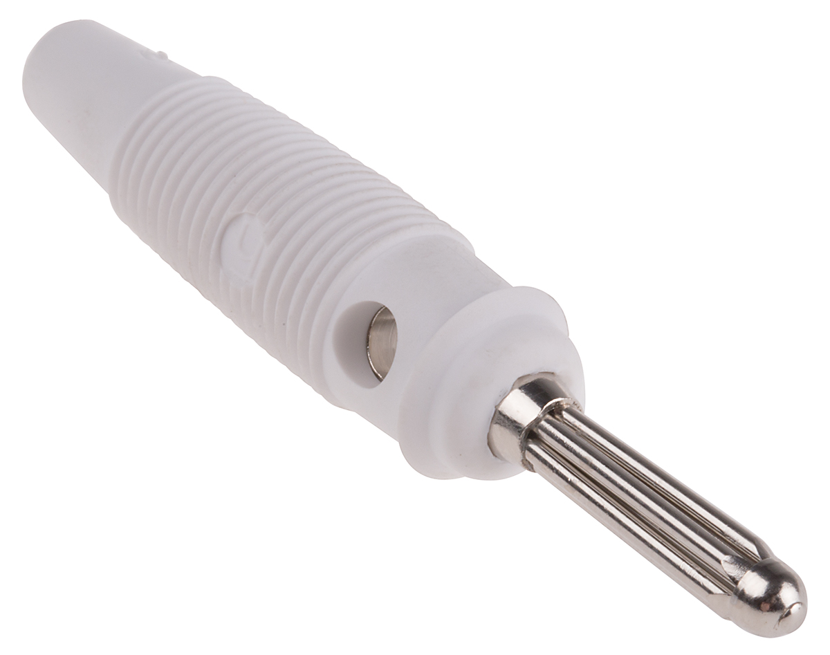 Hirschmann Test & Measurement White Male Banana Plug, 4 mm Connector, Solder Termination, 30A, 30 V ac, 60V dc, Nickel