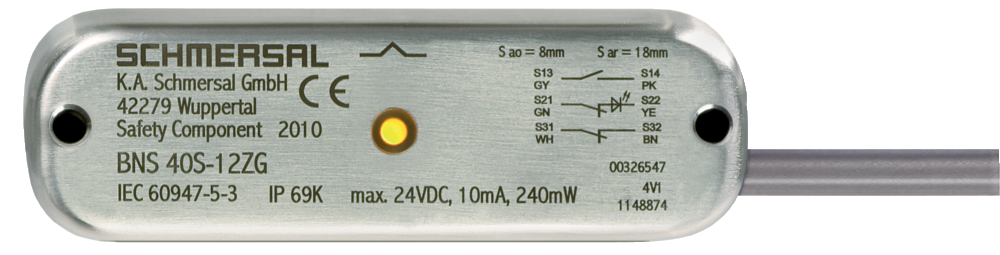 Schmersal BNS 40S Series Non-Flush Magnetic Safety Switch, Stainless Steel Housing, NO/2NC, 10m Cable