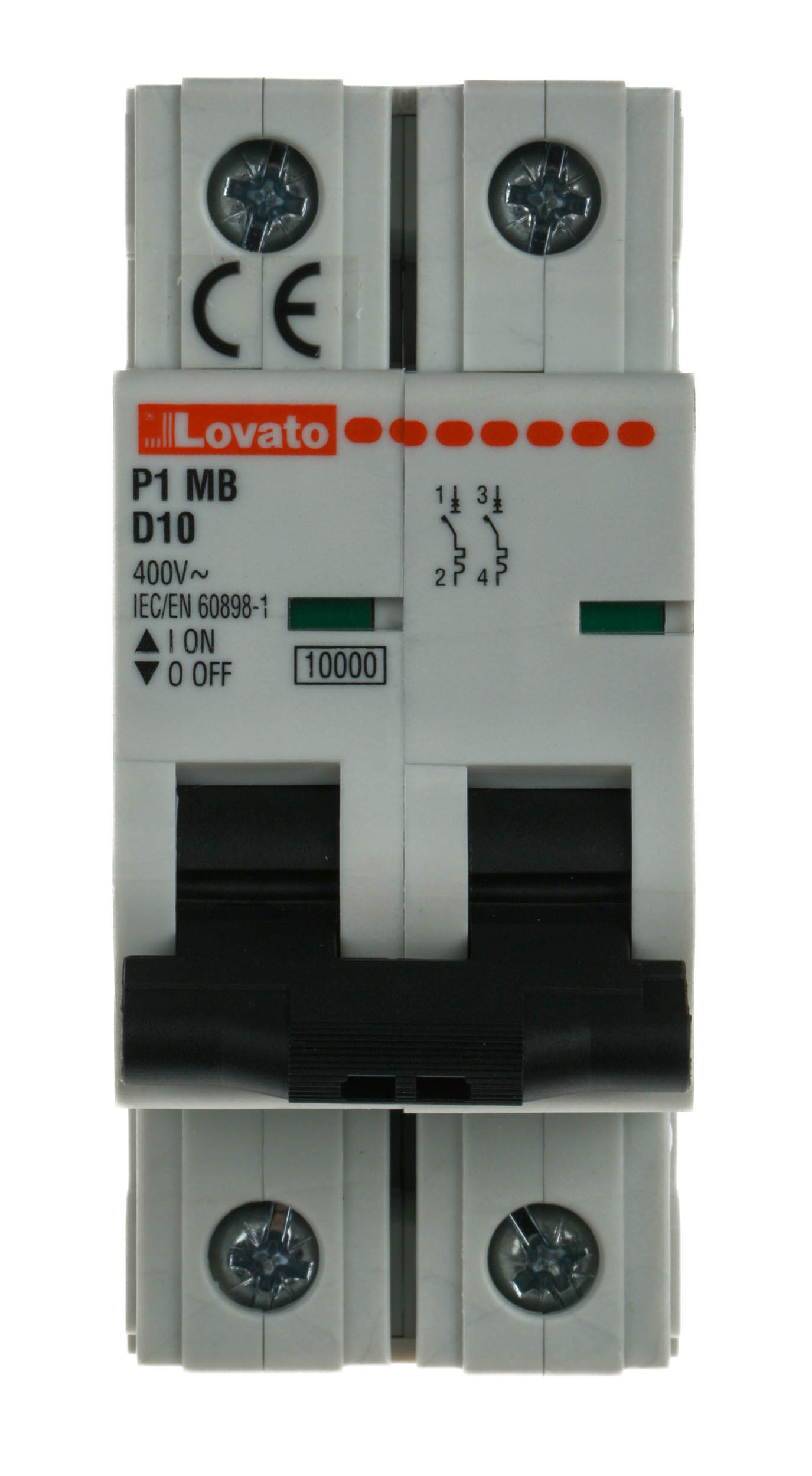 Lovato ModuLo P1MB MCB, 2P, 10A Curve D, 230V AC, 80V DC, 10 kA Breaking Capacity