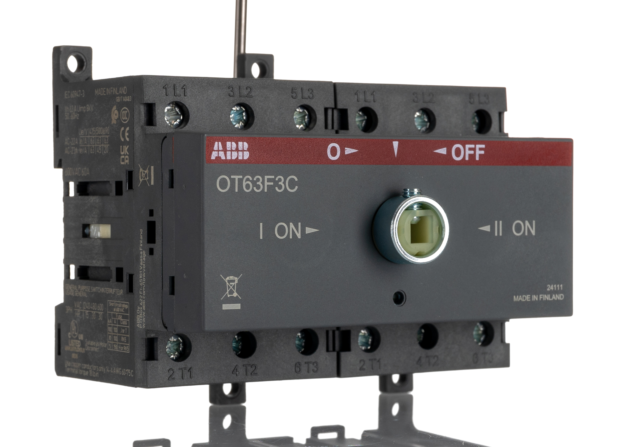 ABB 3 Pole Base Mounting Changeover Switch - 63A Maximum Current, 22kW Power Rating, IP20