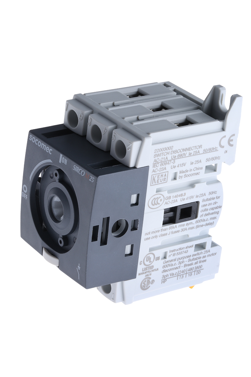 Socomec 3P Pole Isolator Switch - 25A Maximum Current, 11kW Power Rating, IP20