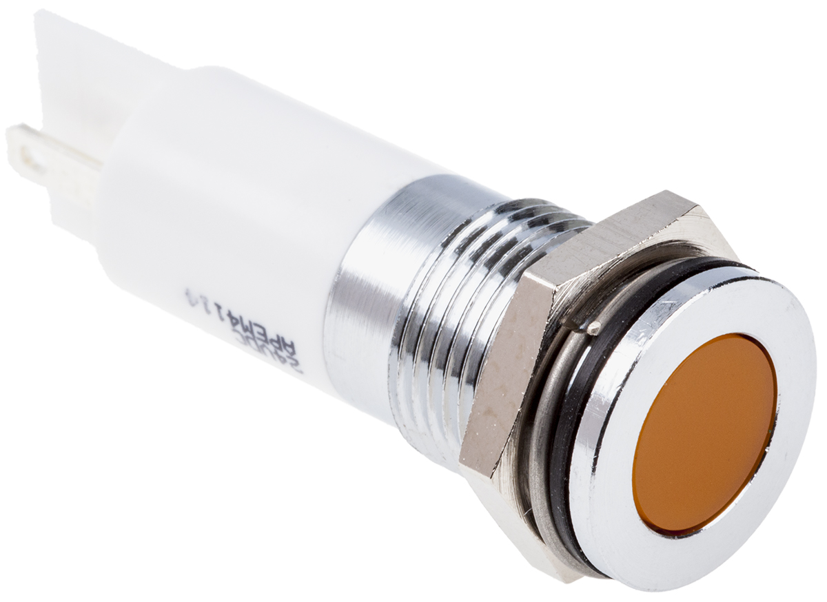 RS PRO Orange Panel Mount Indicator, 220V ac, 14mm Mounting Hole Size, Faston, Solder Lug Termination, IP67