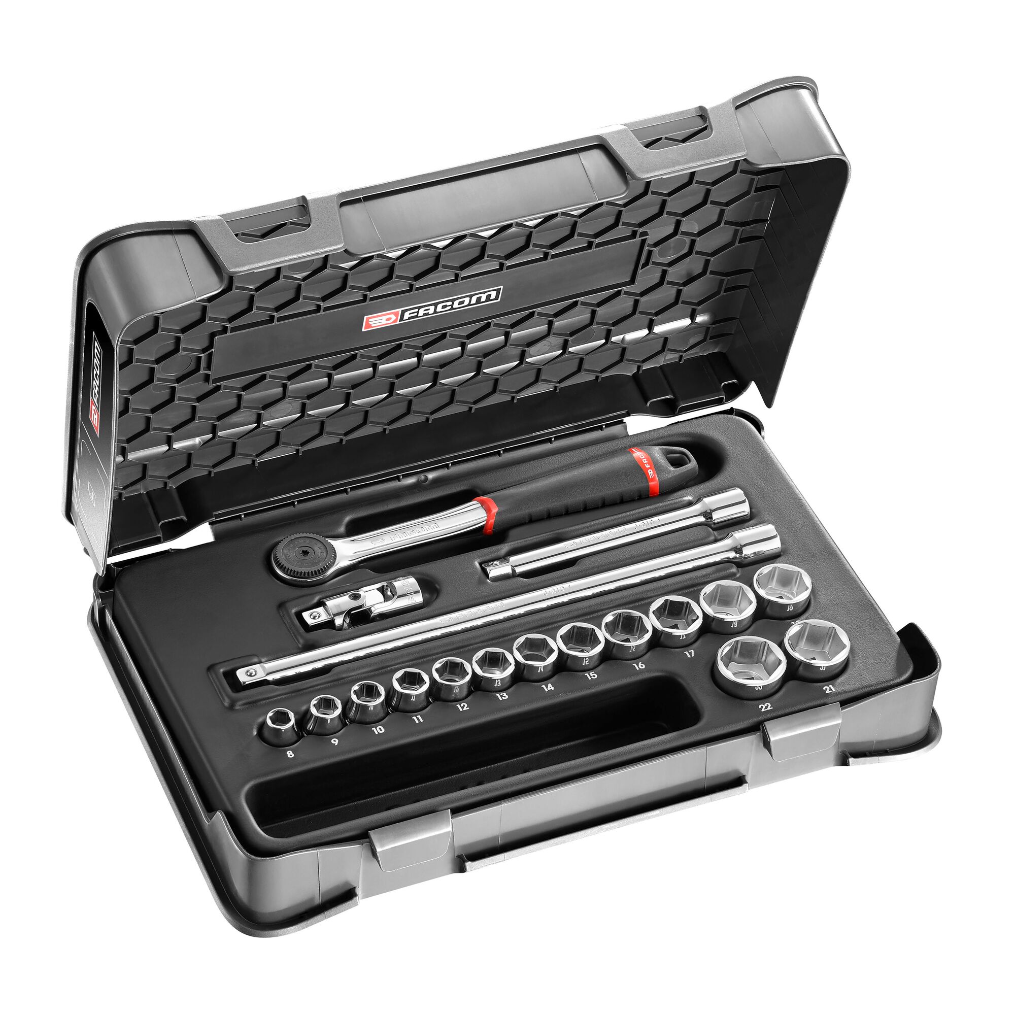 Facom 18-Piece Metric 3/8 in Standard Socket Set with Ratchet, 6 point