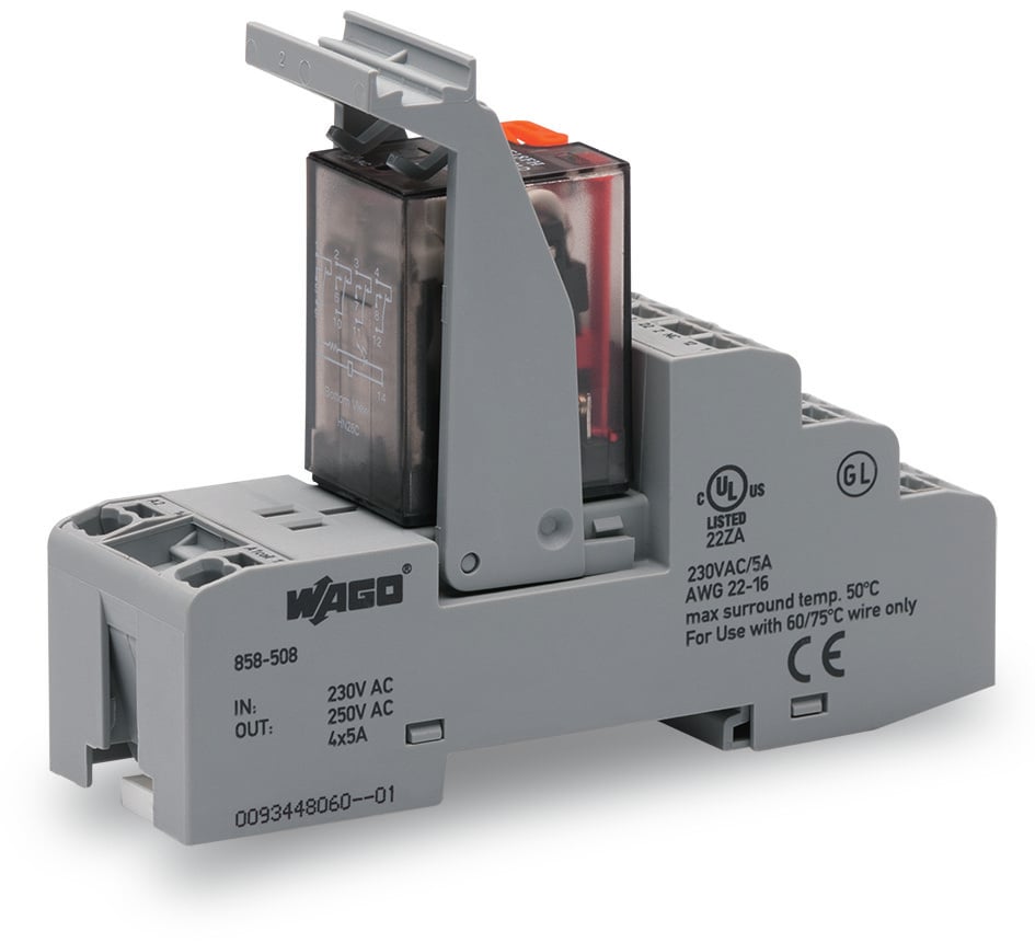 WAGO 858 Series Relay Module, DIN Rail Mount, 230V ac Coil, 4PDT, 4-Pole, 5A Load
