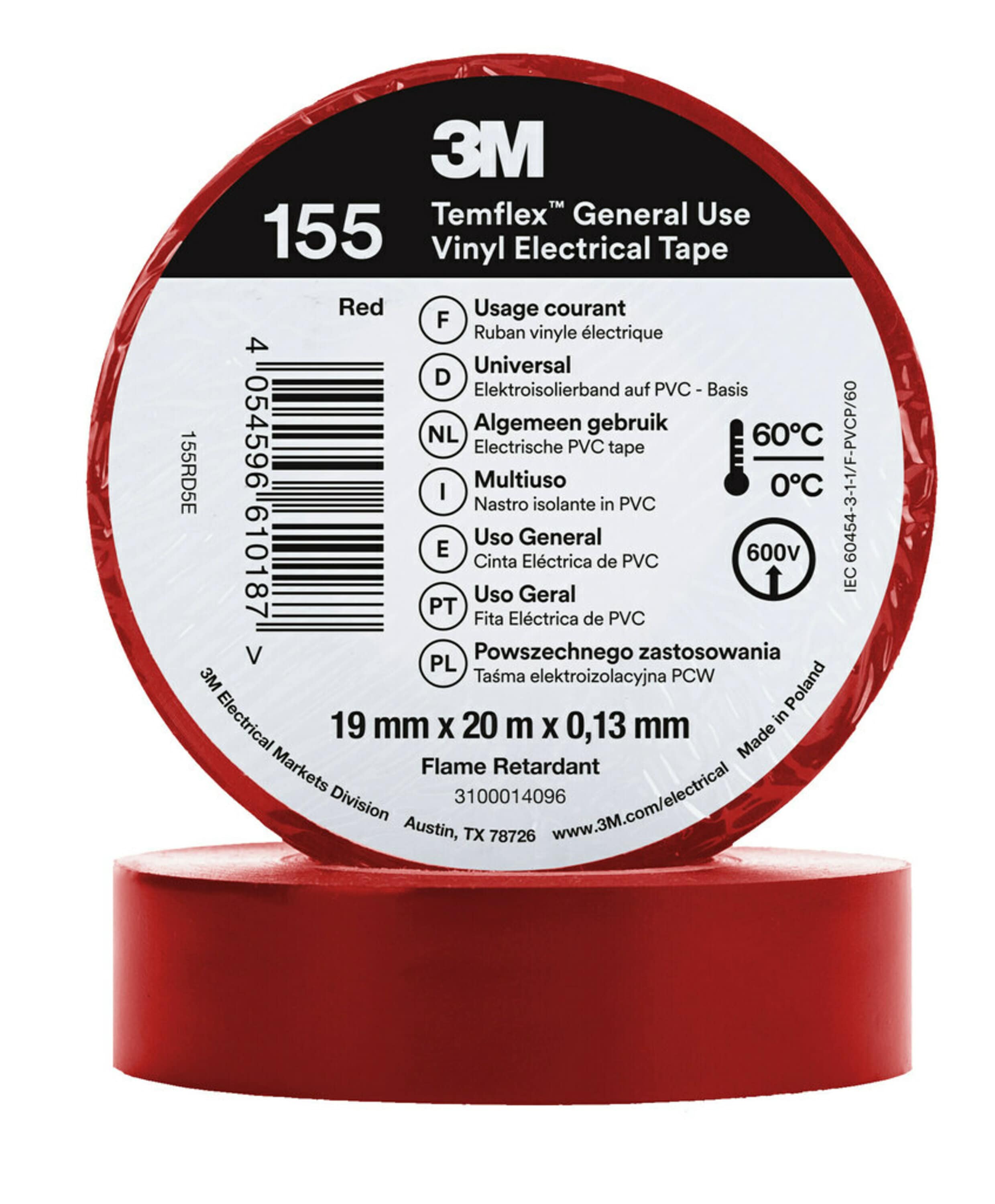 3M Temflex 155 Red Vinyl Electrical Tape, 19mm x 20m