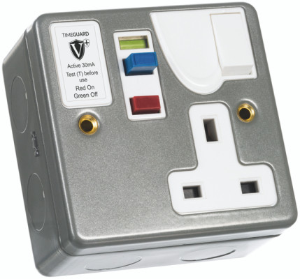 Timeguard 13A, BS 7288 Fixing, Active, Single Gang RCD Socket, Steel, Surface Mount , Switched No, 230 V ac, Grey,