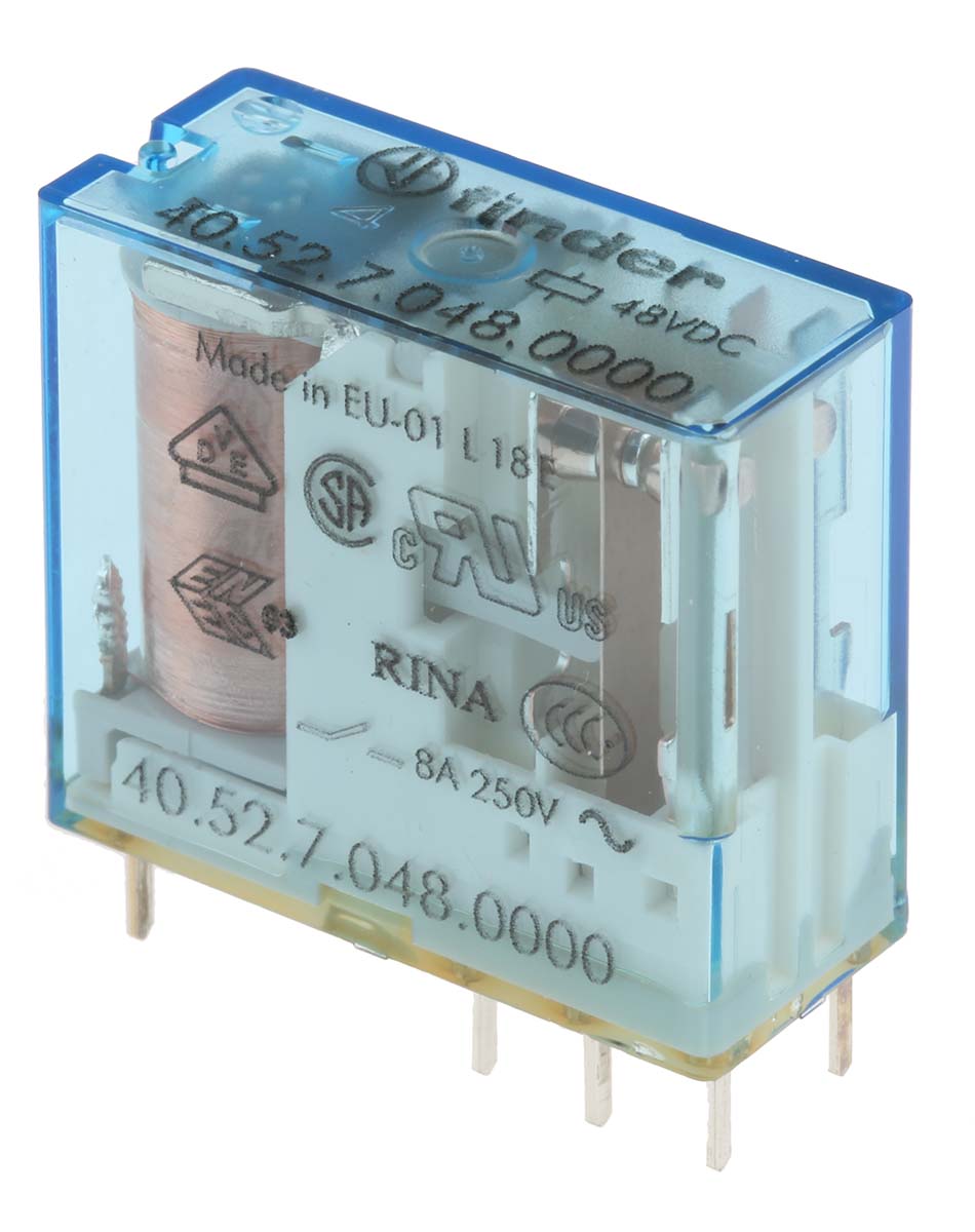 Finder PCB Mount Power Relay, 48V dc Coil, 8A Switching Current, DPDT