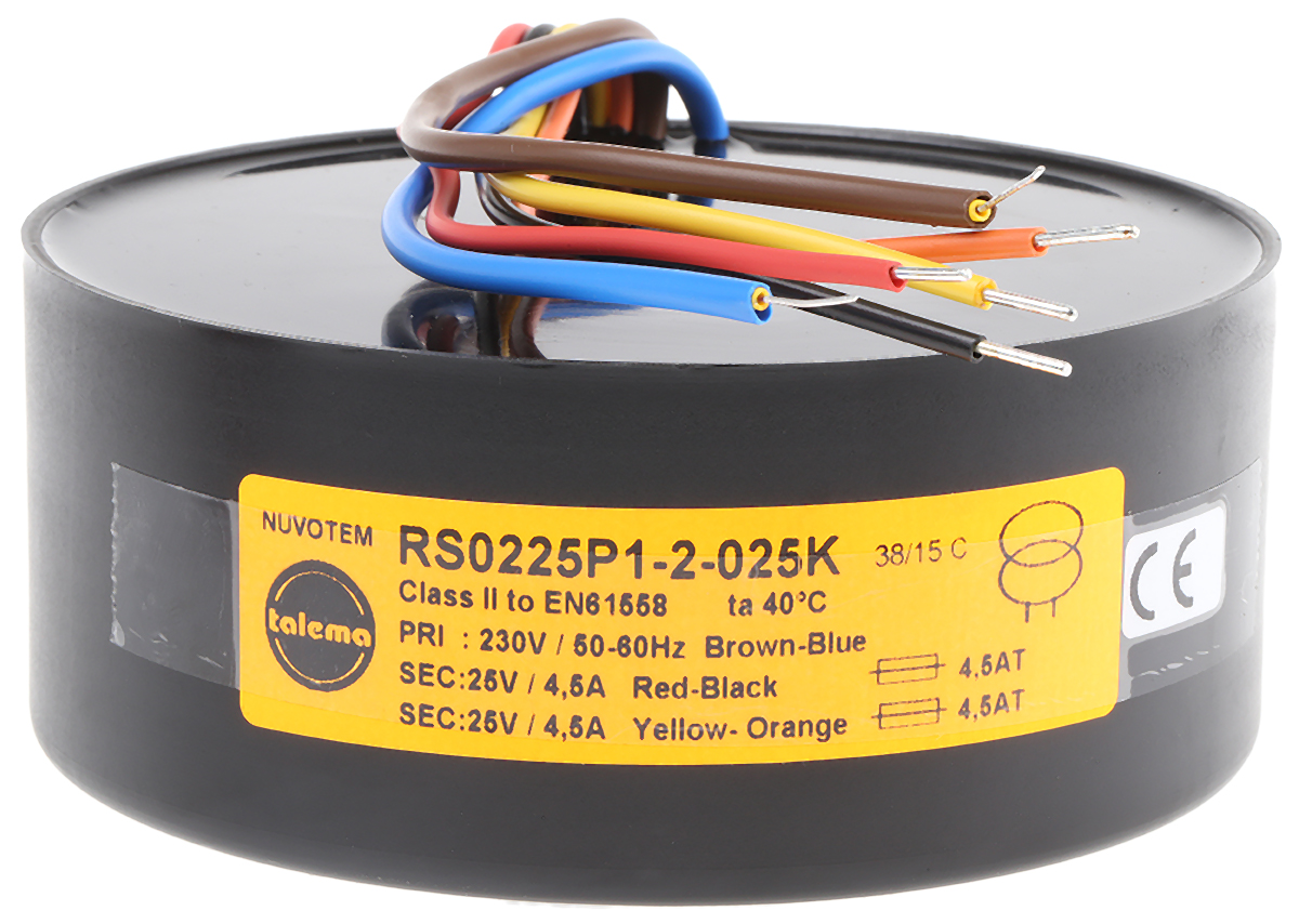 Nuvotem Talema 230V ac, 2 x 25V ac Toroidal Transformer, 225VA 2 Output