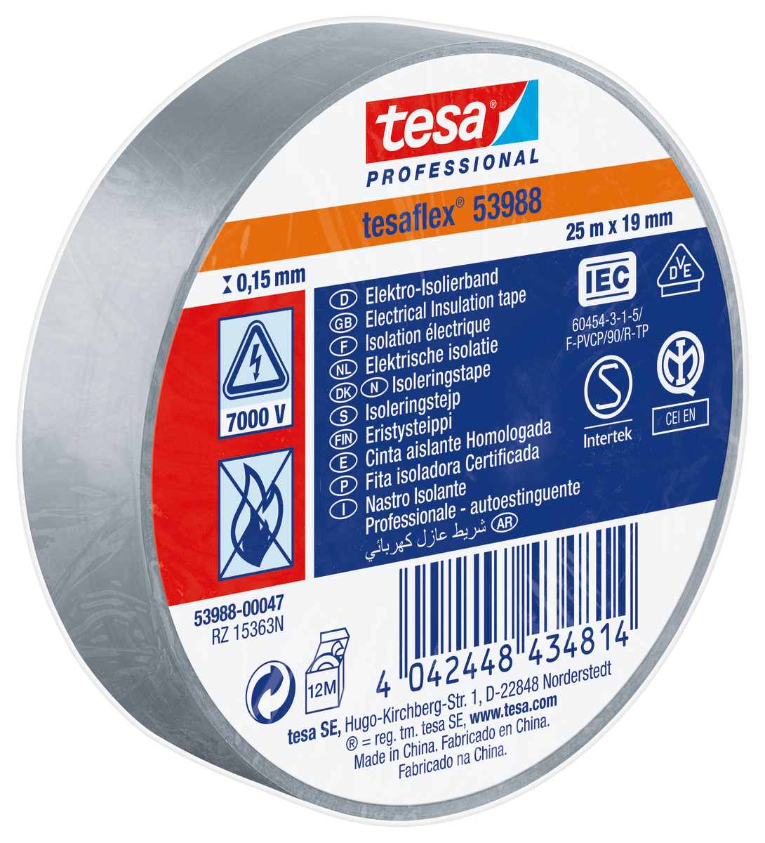 Tesa 53988 Grey, White Soft PVC Electrical Insulation Tape, 19mm x 25m