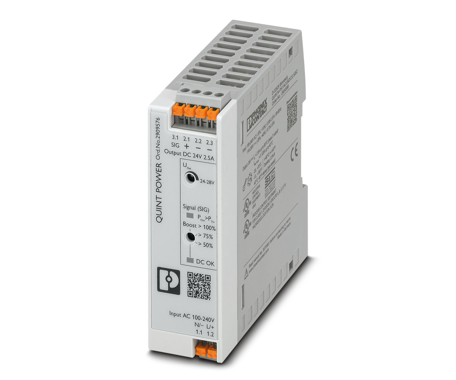 Phoenix Contact QUINT4-PS/1AC/24DC/2.5/PT Switch Mode DIN Rail Power Supply, 230V ac ac, dc Input, 24V dc dc Output,