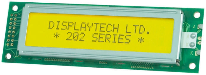Displaytech 202A-BC-BC Alphanumeric LCD Display, Yellow on Green, 2 Rows by 20 Characters, Transflective