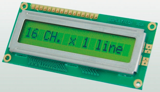 Displaytech 161A-BA-BC Alphanumeric LCD Display, Yellow on Green, 1 Row by 16 Characters, Reflective