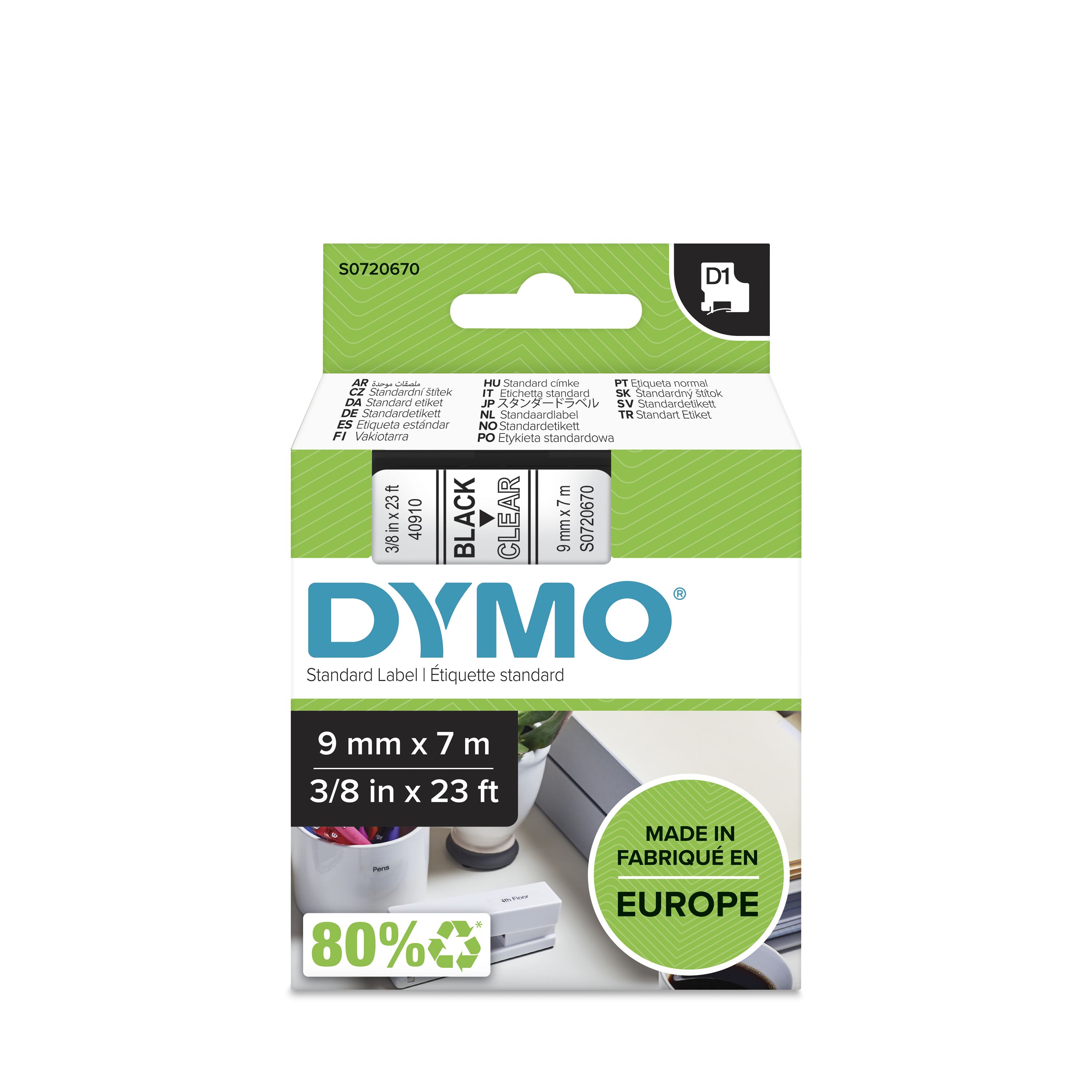 Dymo Black on Clear Label Printer Tape, 7 m Length, 9 mm Width