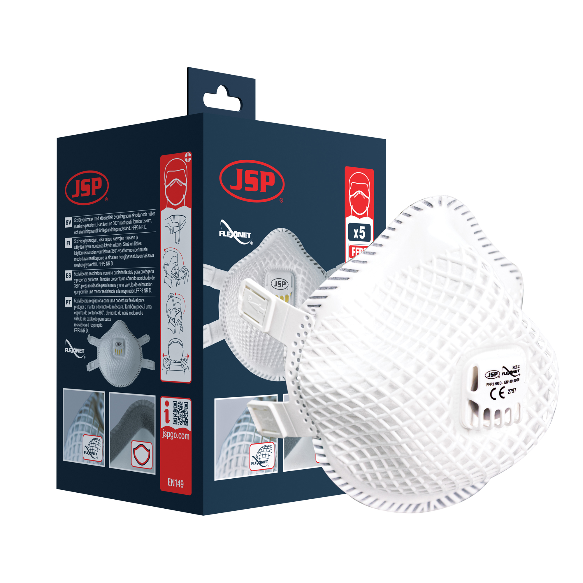 JSP BER130-001-M00 Series Disposable Respirator for General Purpose Protection, FFP3, Valved, Moulded 5Box per Package