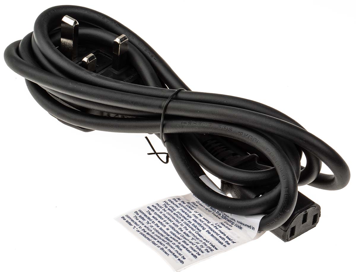RS PRO Straight IEC C13 Socket to Right Angle Type G UK Plug Power Cord, 2m
